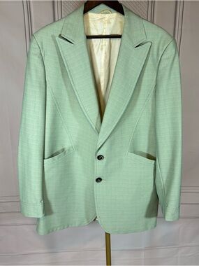 Vintage 1970s Campus Concept 2 Mint Green Blazer 44L Peak Lapels Disco Mod Retro